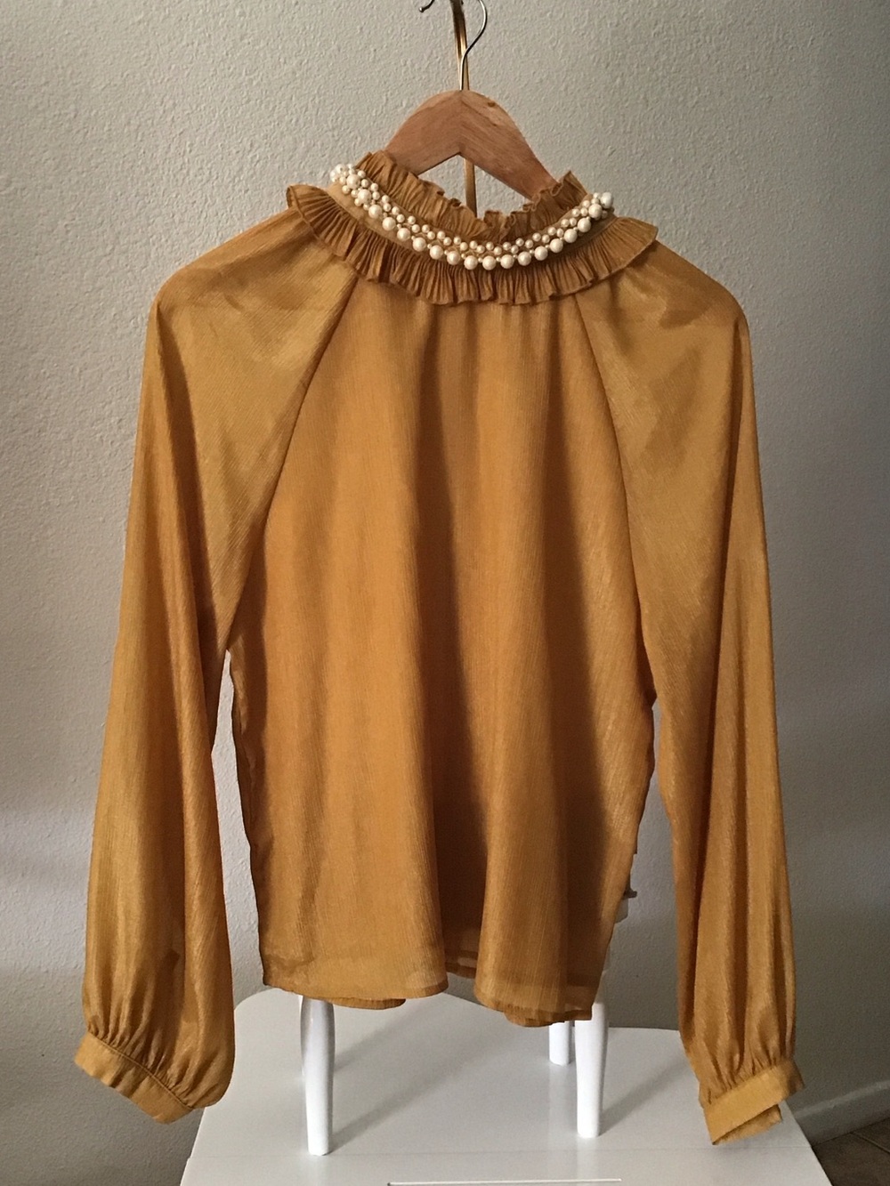 Vintage Pastels Clothing Mustard Pearl-Trim Ruffle Neck Long Sleeve Top